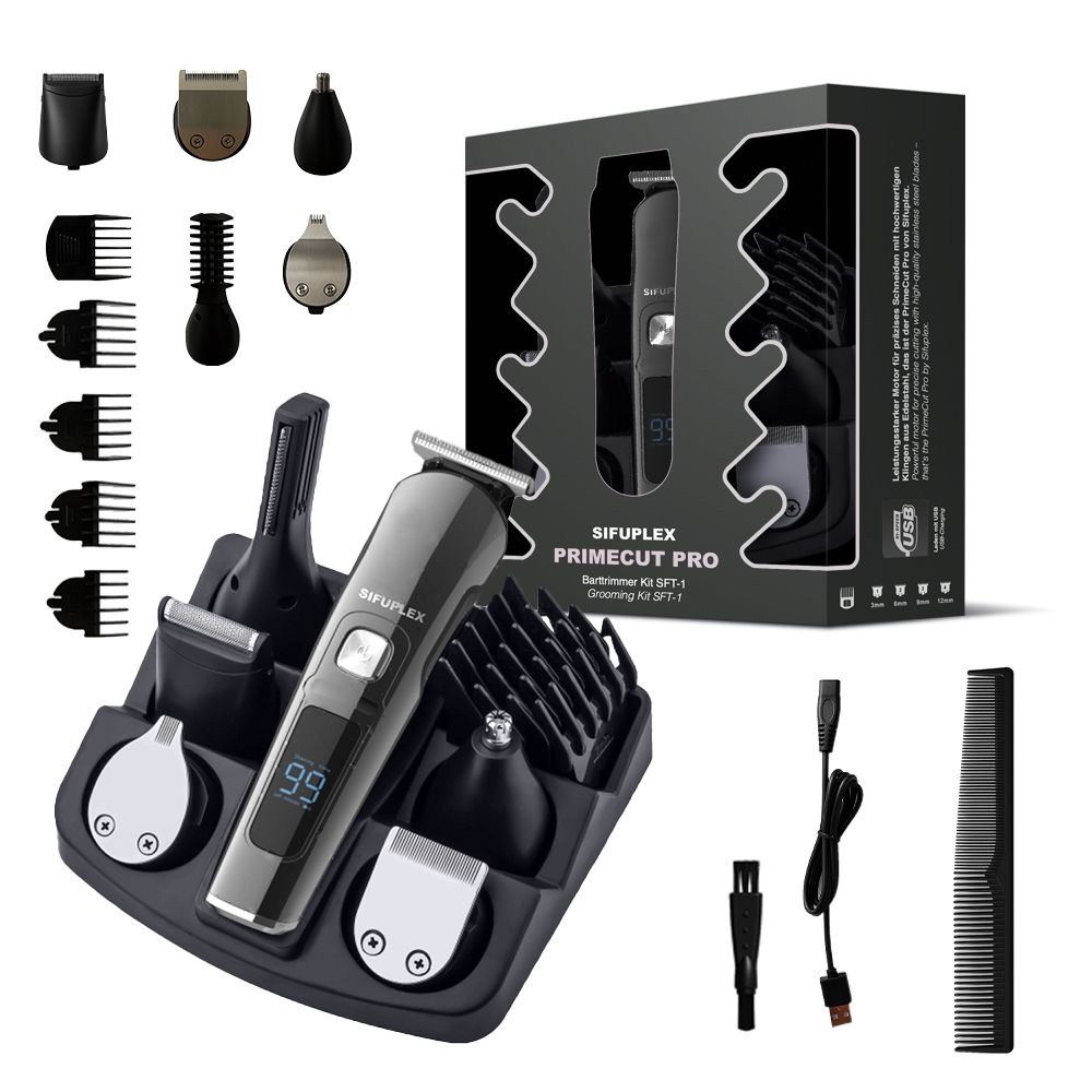 Barttrimmer-Kit mit Zubehör. Enthält Trimmer, Aufsätze, Ladestation, Kabel, Bürste und Kamm. Schwarze Verpackung.