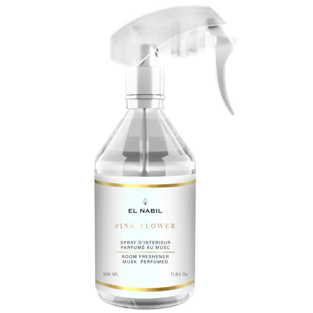 Transparente Sprühflasche mit weißem Etikett. Goldene Akzente. Text: El Nabil, Pink Flower, Raumspray, 350 ml, 11.83 Oz.