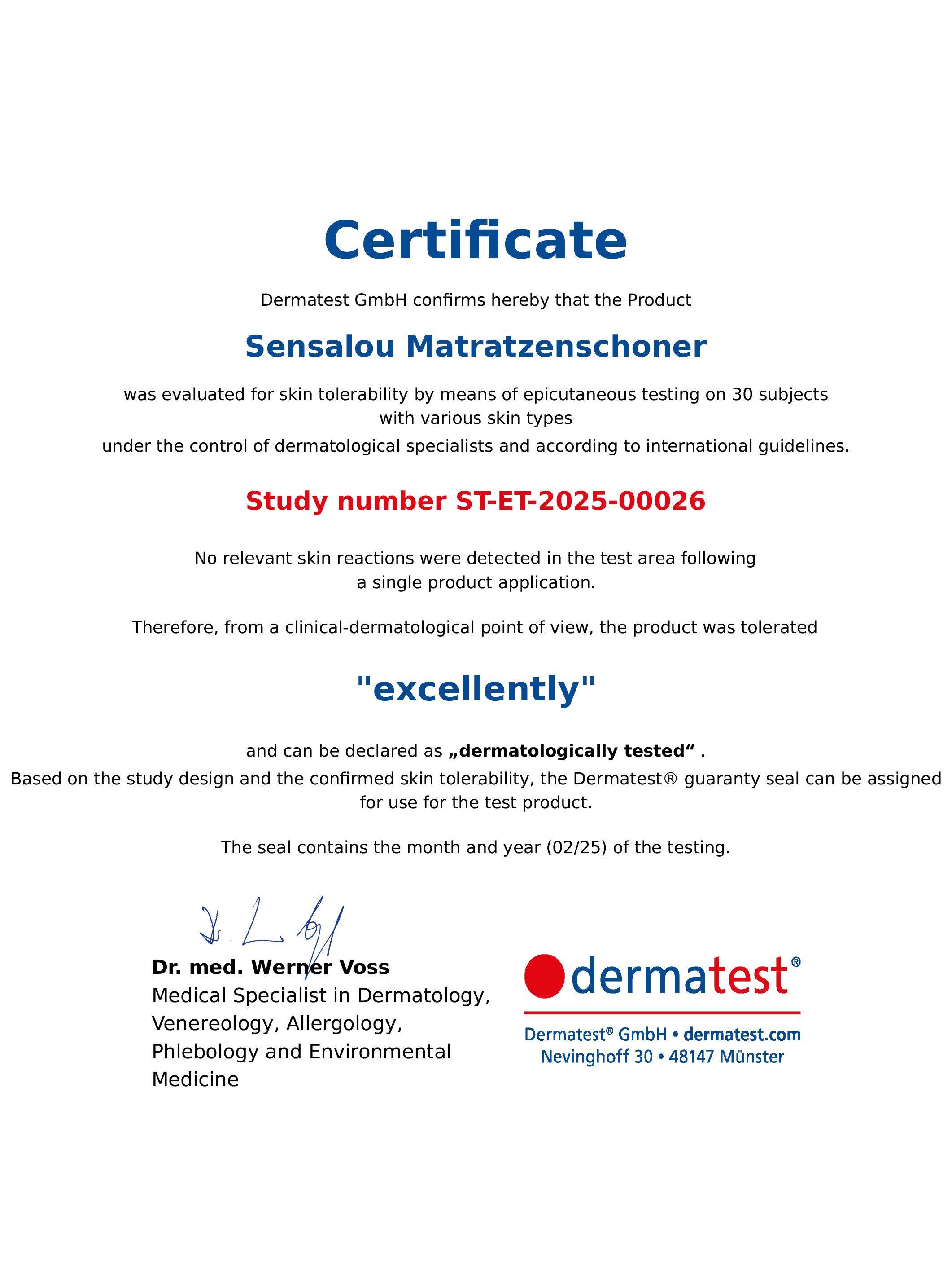 Zertifikat. Text: Dermatologisch getest. Bestätigt die Hautverträglichkeit des Matratzenschoners.