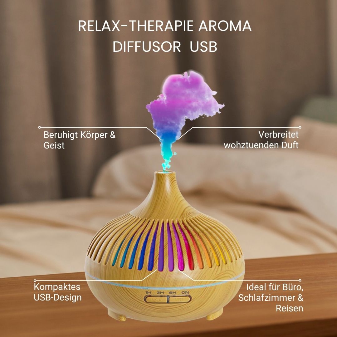 Aroma-Diffusor mit Holzmaserung und farbiger Beleuchtung. Text: Relax-Therapie Aroma Diffusor USB. Auf Holzoberfläche.