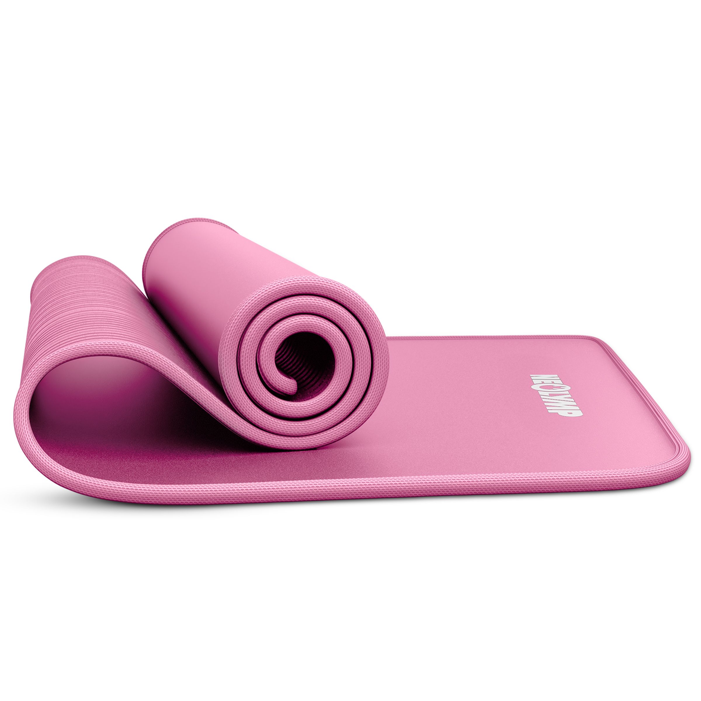 Gerollte, rosa Fitnessmatte mit NEOLYMP-Logo. Teilweise ausgerollt.