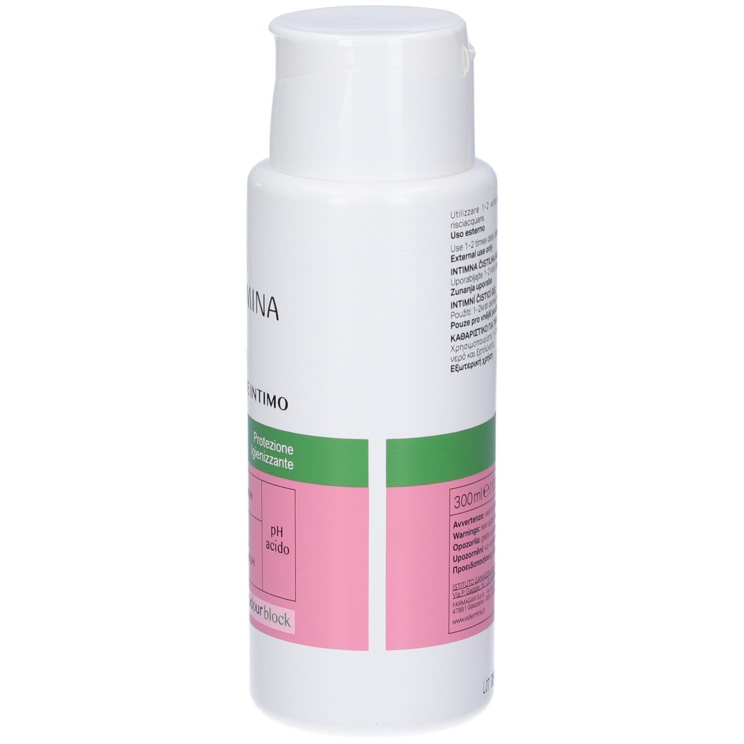 Vidermina CLX-attiva Intimreiniger Flasche, Vorderseite mit Produktinformationen und pH-Wert.