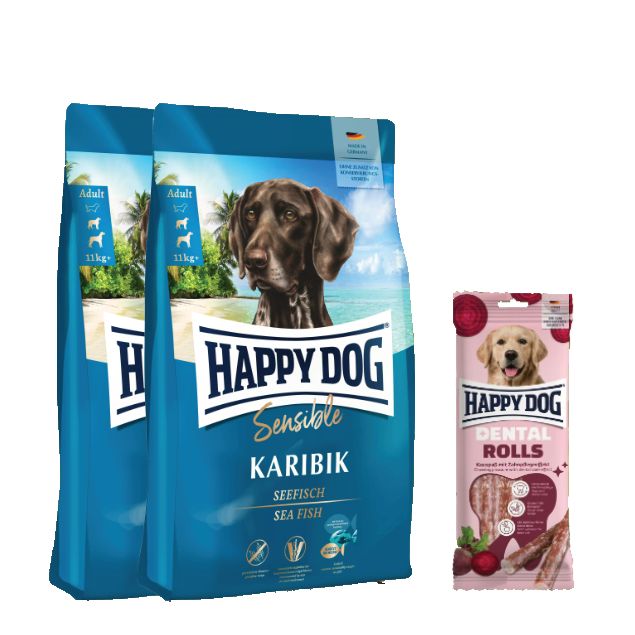 Happy Dog Sensible Karibik Doppelpack + Dental Rolls für Hunde 22,1 kg