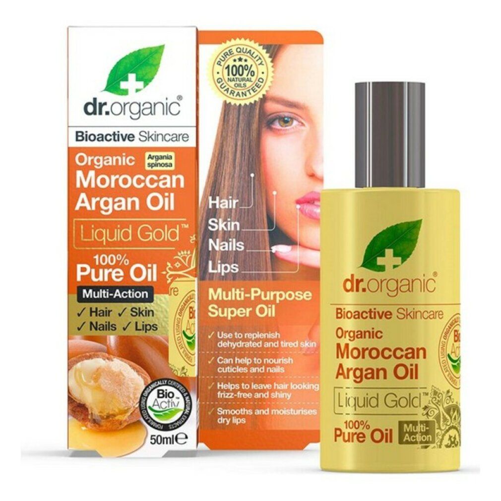 Dr. Organic Moroccan Argan Oil und Verpackung. Flasche mit gelber Flüssigkeit. Aufschrift: 100% Pure Oil. Mehrzweck-Superöl.