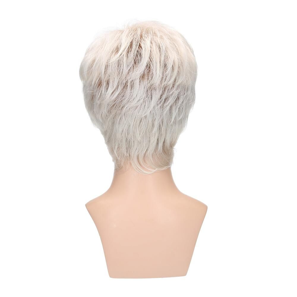 Perücke auf einem Schaufensterkopf. Kurze, weiße Haare mit dunklem Ansatz. Rückansicht.