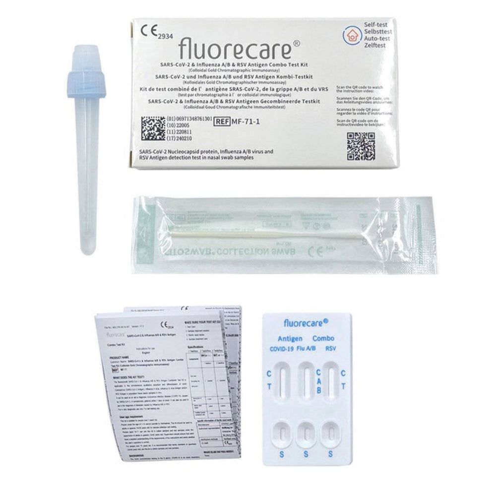 Fluorecare Schnelltest-Kit: Testkassette, Tupfer, Extraktionsröhrchen und Anleitung.
