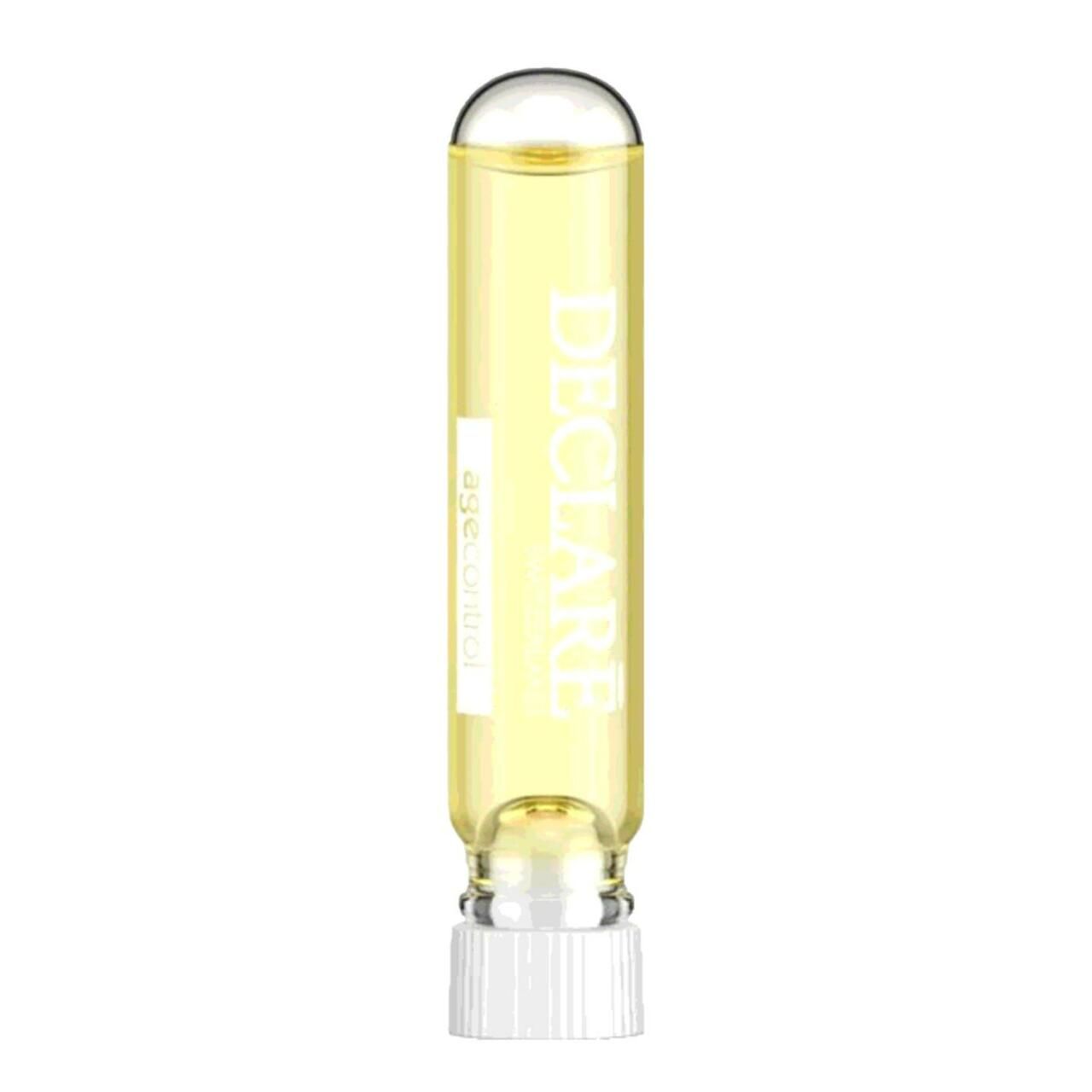 Klare Ampulle mit gelblicher Flüssigkeit. Aufschrift: DECLARÉ, agecontrol. Mit weißem Verschluss.