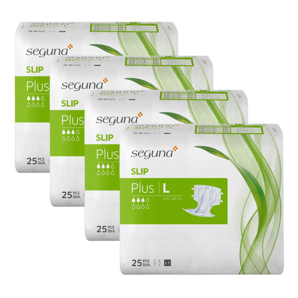 Vier Packungen SEGUNA Slip Plus. Weiße Verpackung mit grünen Akzenten. Aufschrift "Plus L" und Piktogramme. 25 Stück pro Packung.