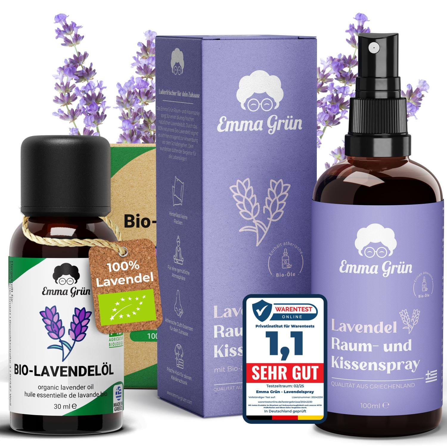 Produkt-Set: Ölflasche, Sprayflasche, Karton. Etiketten mit Text und Illustrationen. Bewertungssiegel. Bio-Zertifizierungen.