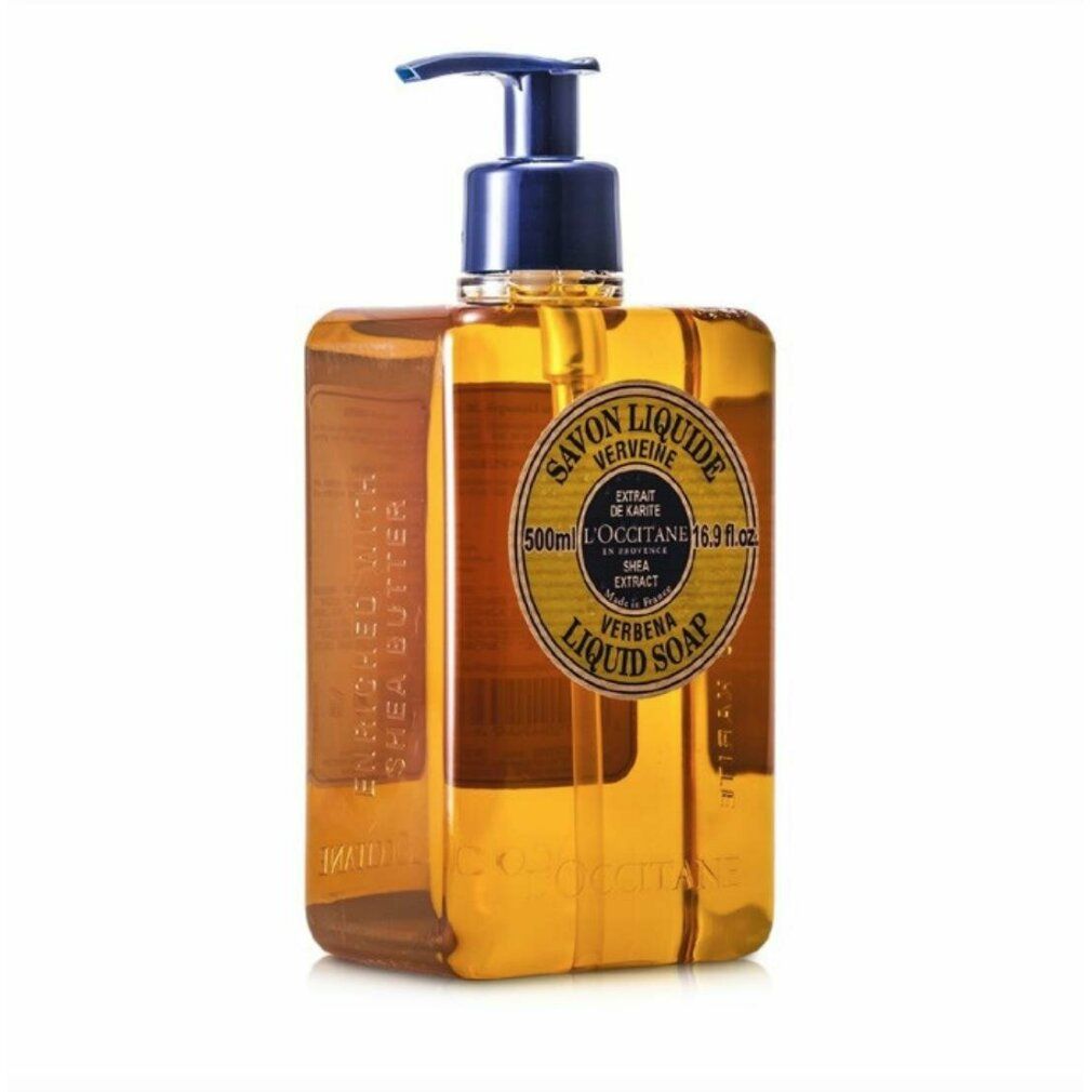 L'Occitane Flüssigseife, Verbena. Gelbe Flasche mit blauem Pumpkopf. Text: Savon Liquide, Shea Extract.