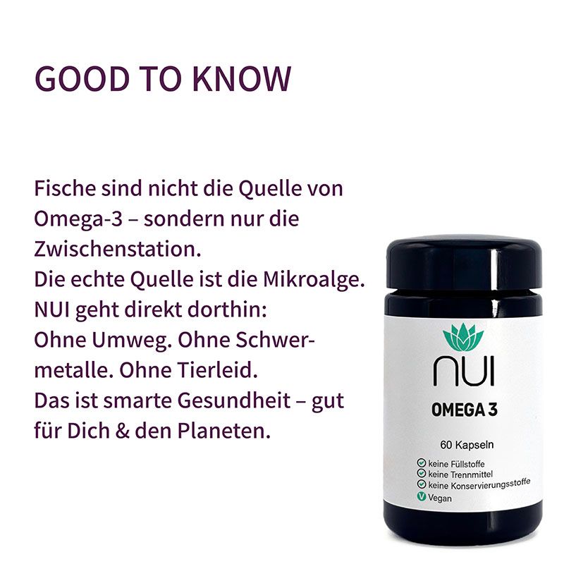 NUI Omega 3 Flasche. Schwarzer Deckel, weißes Etikett mit grünem Logo. 60 Kapseln. Vegan, ohne Fischgeruch. Text daneben.
