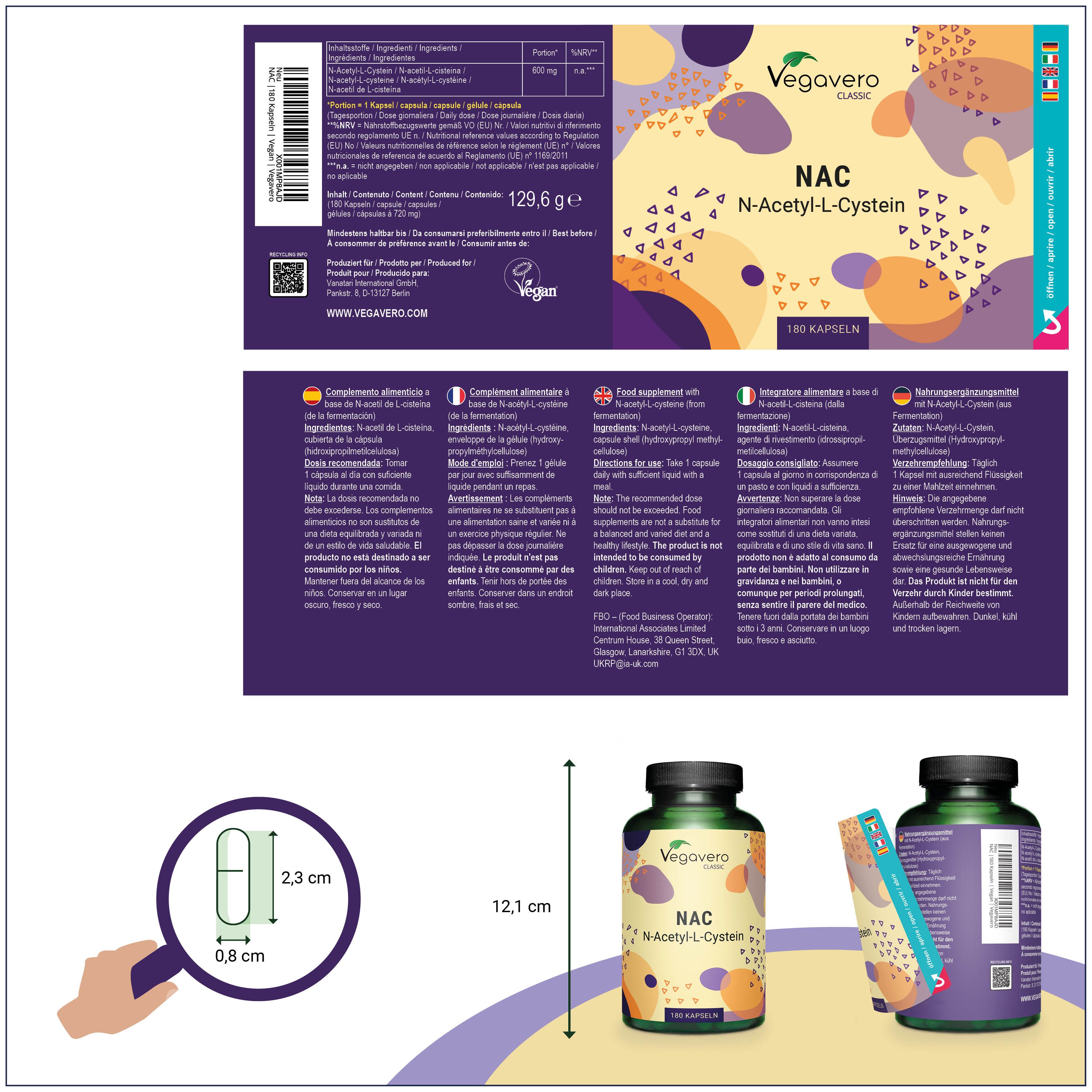 Produktverpackung mit Flasche und Kapsel-Abbildung. Aufschrift: Vegavaro Classic, NAC, N-Acetyl-L-Cystein. Zusätzliche Informationen und Etiketten.