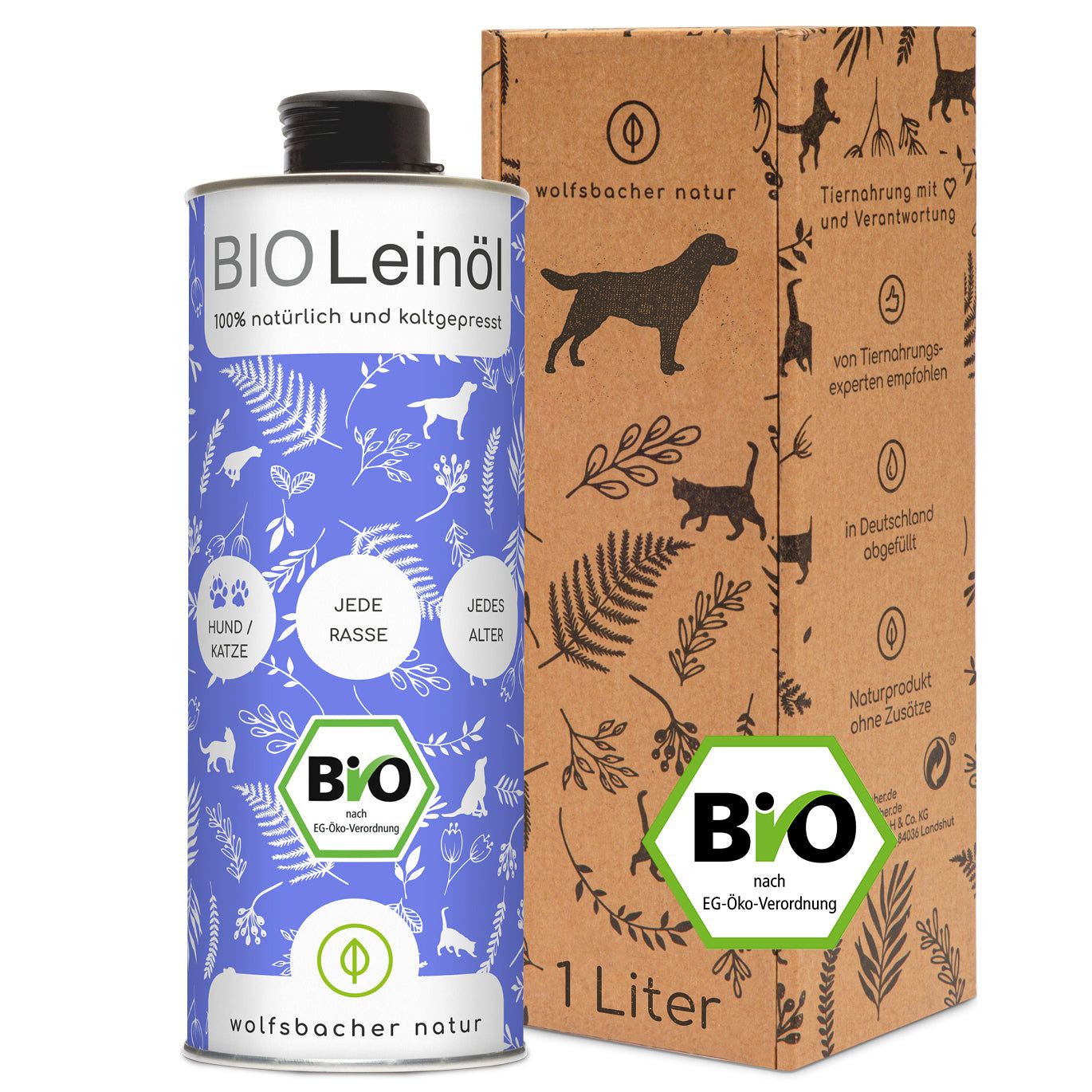 Bio Leinöl-Flasche und Karton. Aufschrift: BIO, 100% natürlich, kaltgepresst. Für Hunde/Katzen, jede Rasse, jedes Alter. 1 Liter. Bio-Zertifizierung.