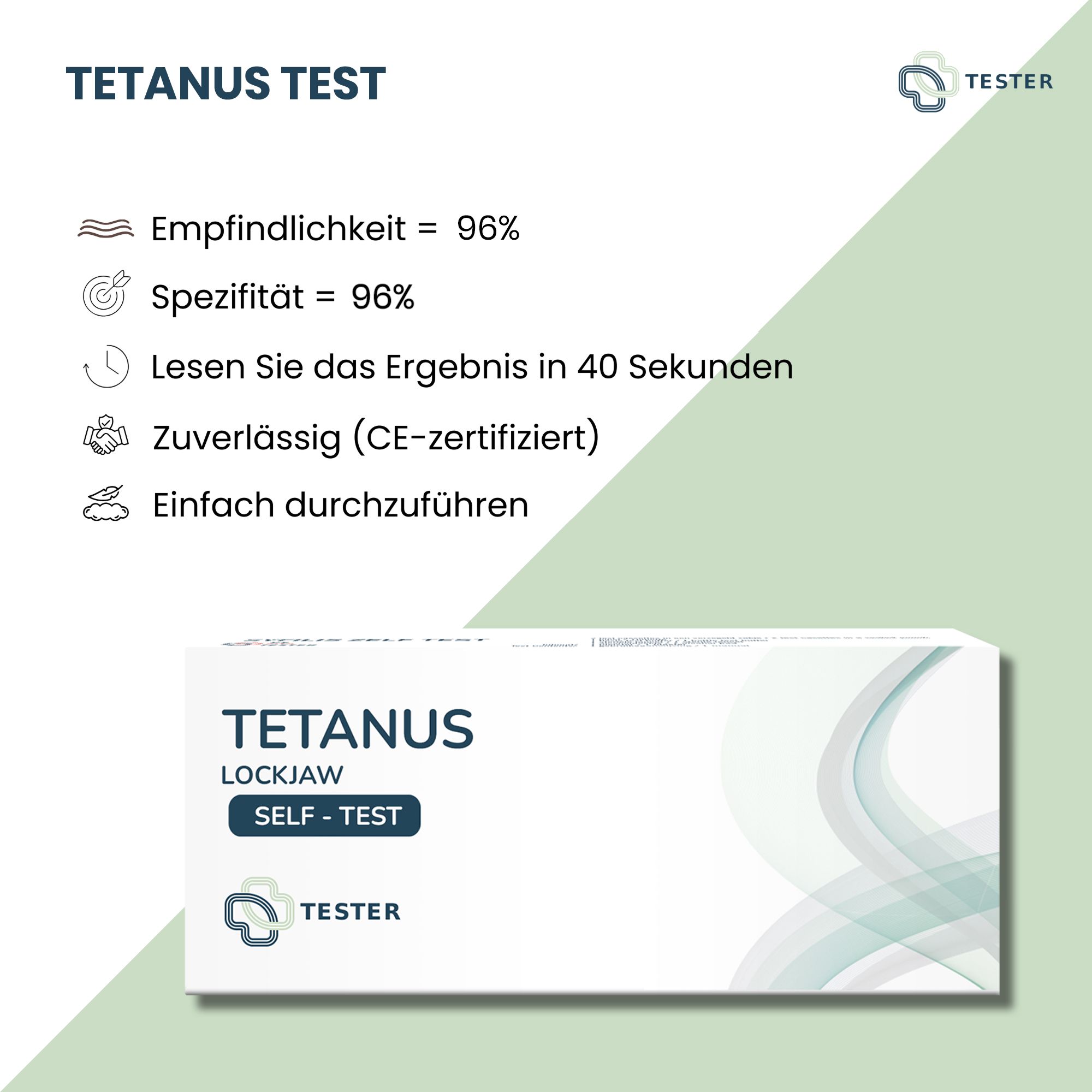 Infografik mit "Tetanus Test". Sensitivität 96%, Spezifität 96%. Ergebnis in 40 Sekunden. Zuverlässig (CE-zertifiziert).