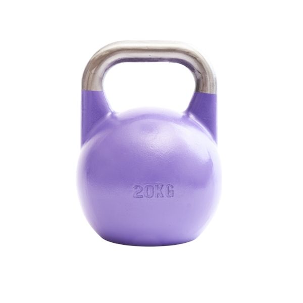 Lila Kettlebell mit silbernem Griff. Aufschrift 20KG. Glatte Oberfläche, isoliert auf weißem Hintergrund.