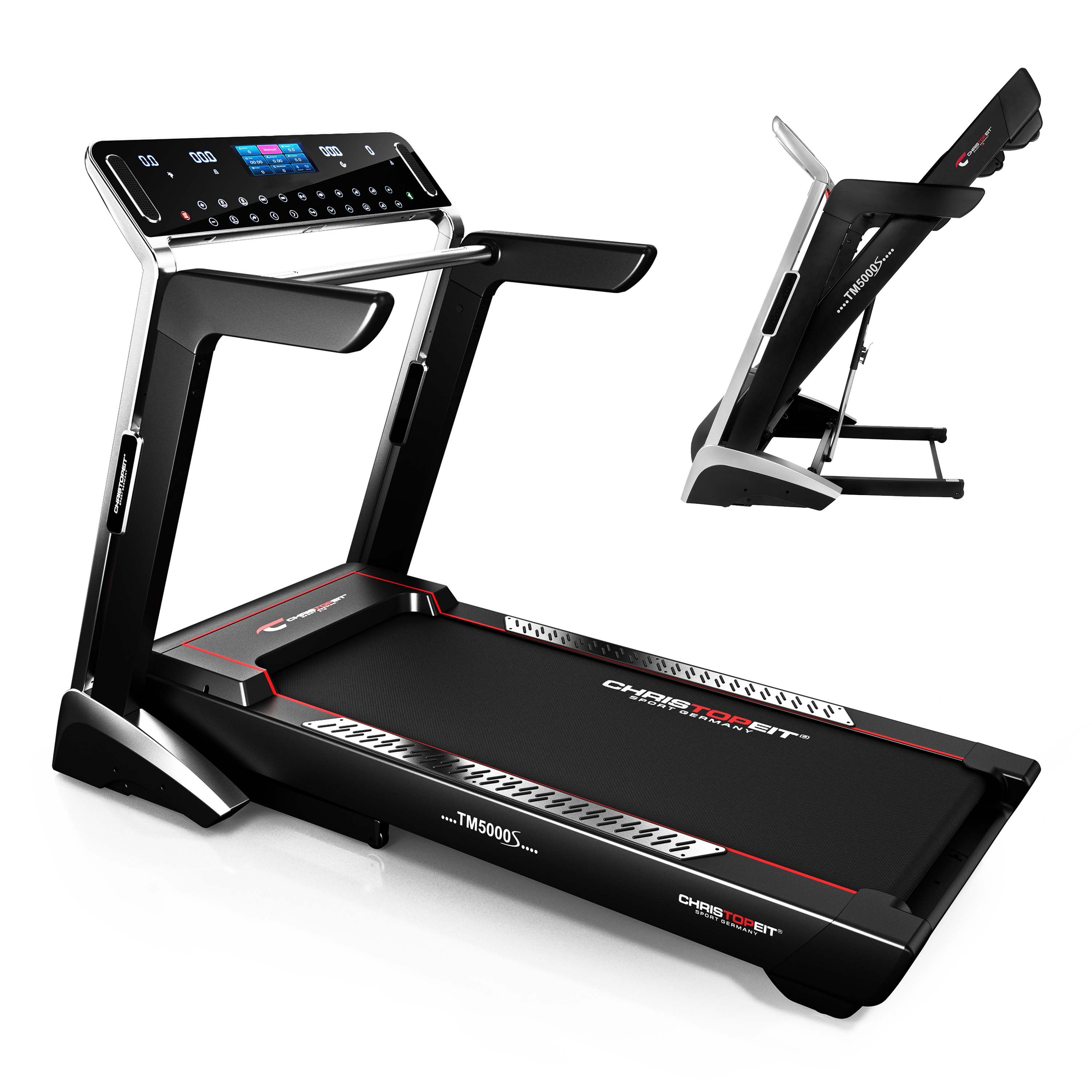 Laufband, schwarz mit roten Akzenten. Konsole mit Display. Zusammengeklappte Ansicht rechts.