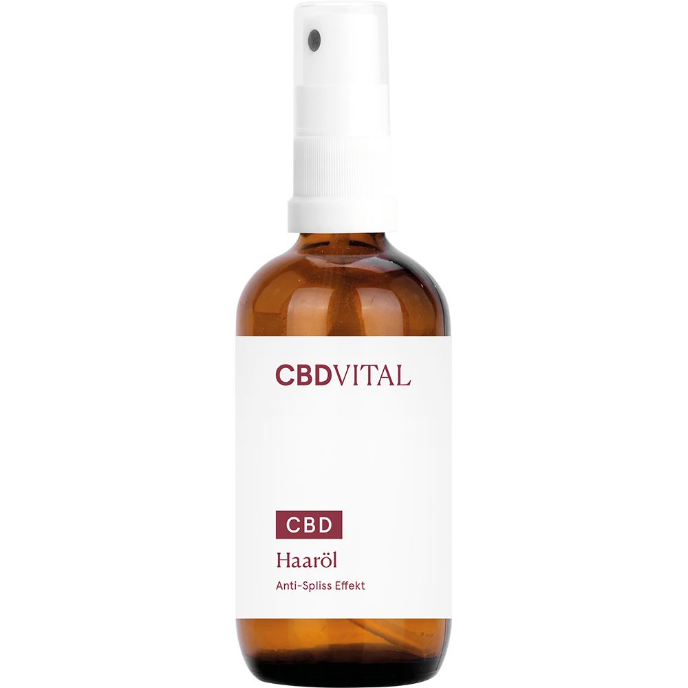 Braune Glasflasche mit Sprühkopf. Weißes Etikett mit CBDVITAL-Logo und Produktbezeichnung: CBD Haaröl, Anti-Spliss Effekt.