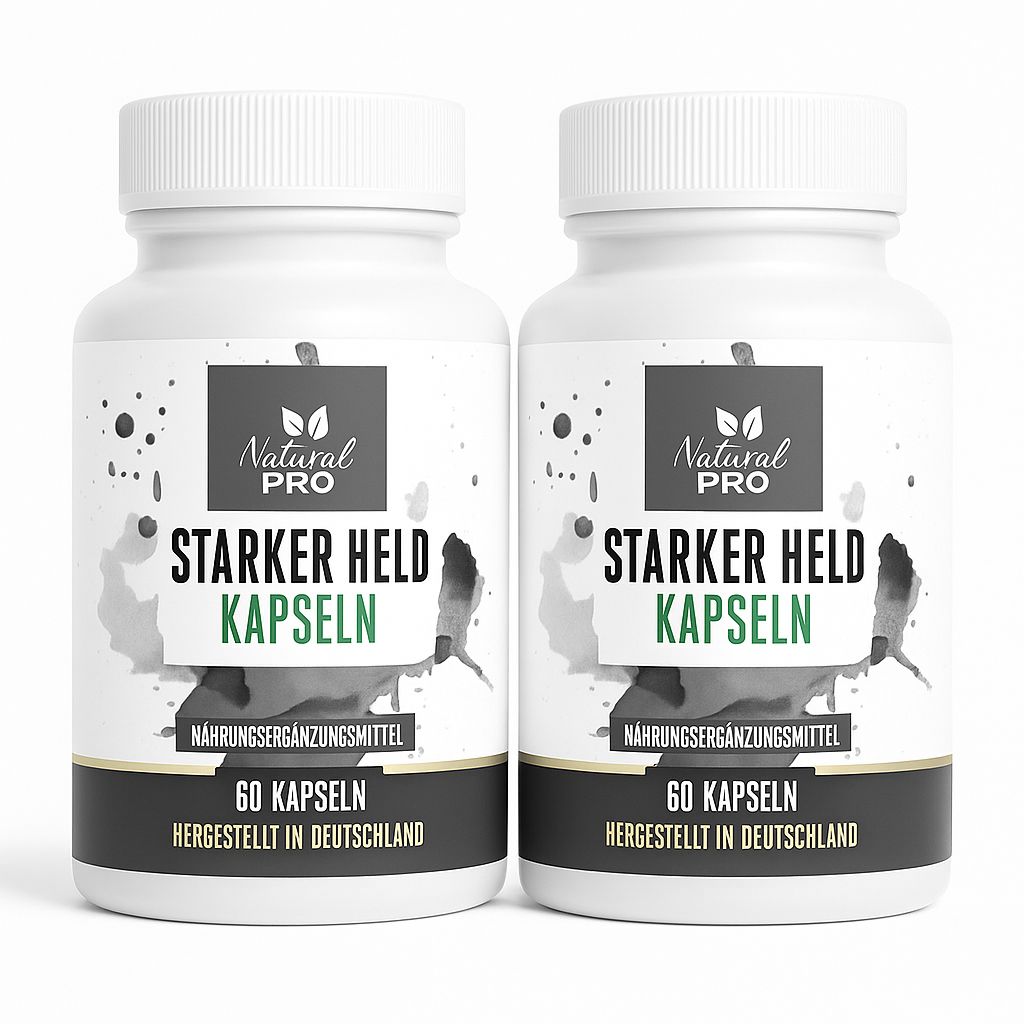 Zwei weiße Flaschen mit Kapseln. Aufschrift: Starker Held Kapseln, Natural Pro. Enthält 60 Kapseln, hergestellt in Deutschland. Nahrungsergänzungsmittel.