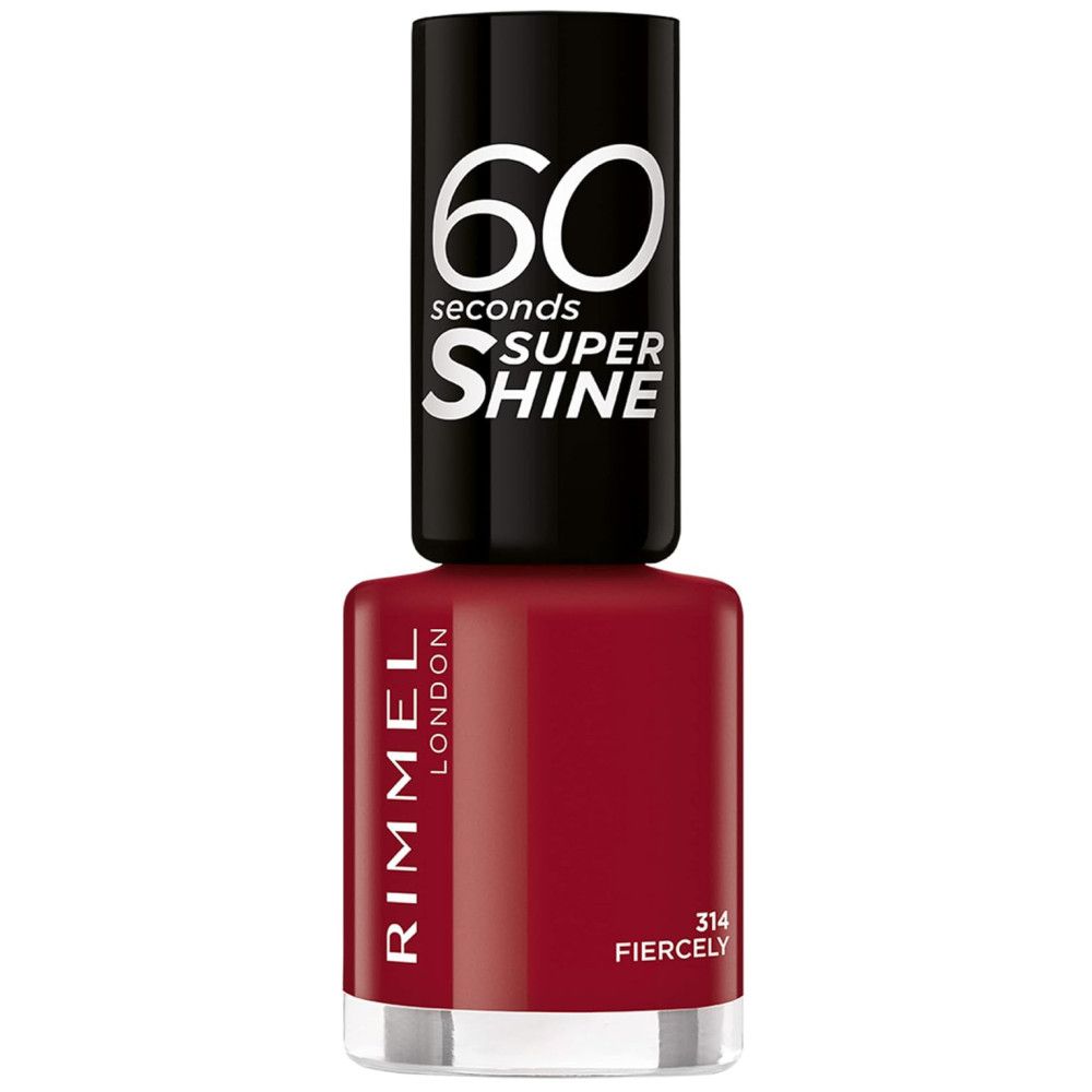 Rote Nagellackflasche mit schwarzem Deckel. Aufschrift: 60 seconds Super Shine, Rimmel London, 314 Fiercely.