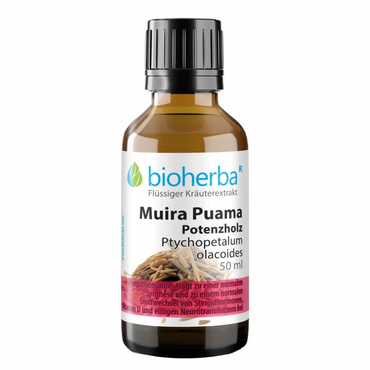 Braune Glasflasche mit schwarzem Deckel. Etikett mit Produktnamen und Logo: Bioherba, Muira Puama, Potenzholz, Ptychopetalum olacoides, 50 ml.