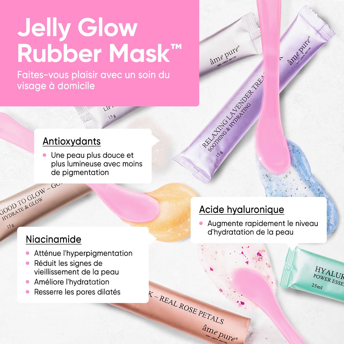 Visuel produit avec texte : Jelly Glow Rubber Mask, ingrédients et accessoires.