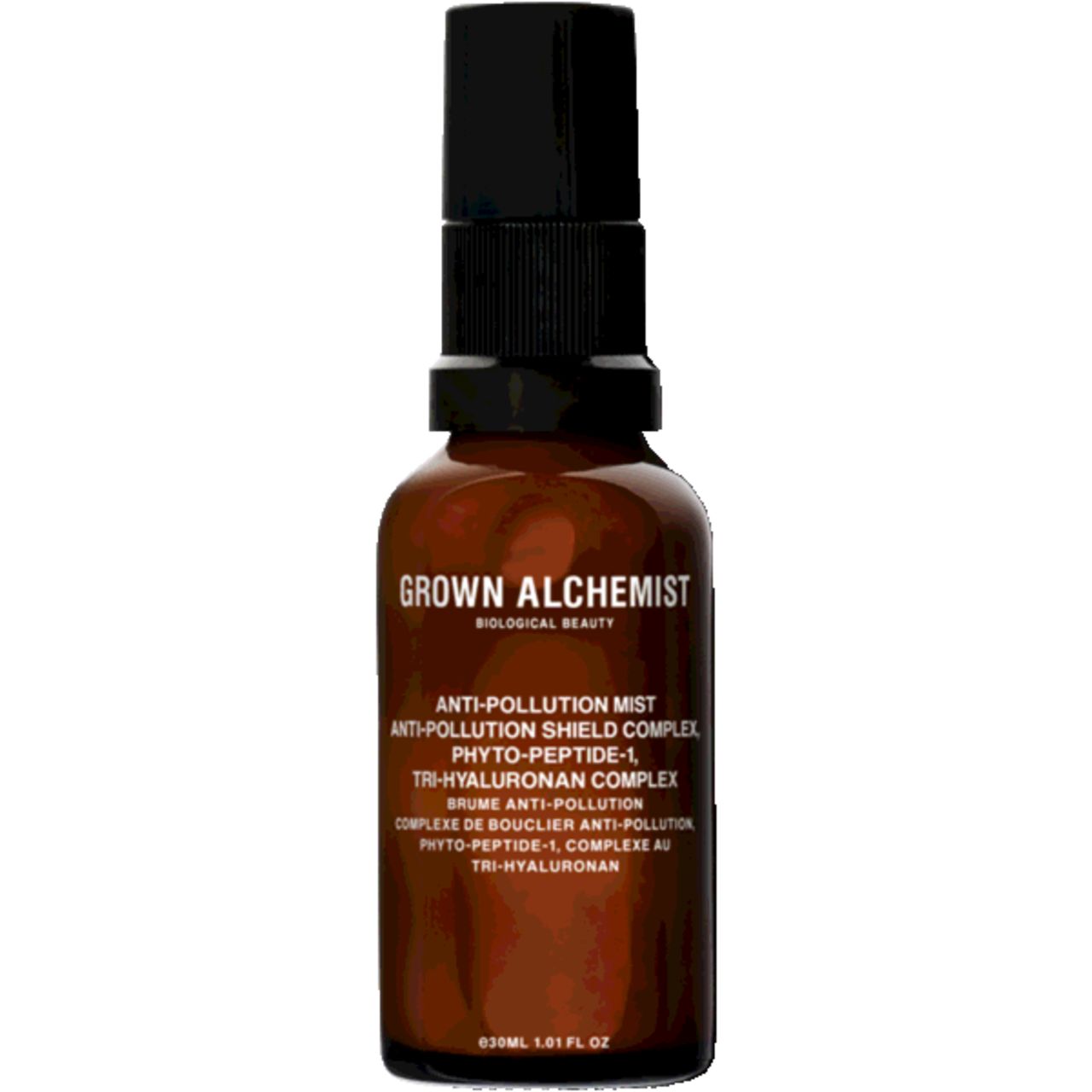 Braune Glasflasche mit schwarzem Sprühkopf. Beschriftung: Anti-Pollution Mist, Tri-Hyaluronan Complex. 30ml.