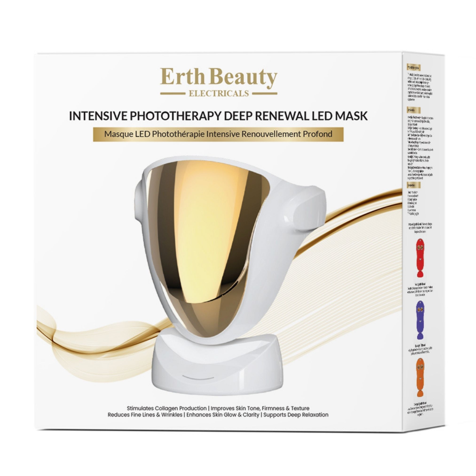 LED-Gesichtsmaske in Verpackung. Weiß und goldfarben. Text: Erth Beauty, Intensive Phototherapy Deep Renewal LED Mask.