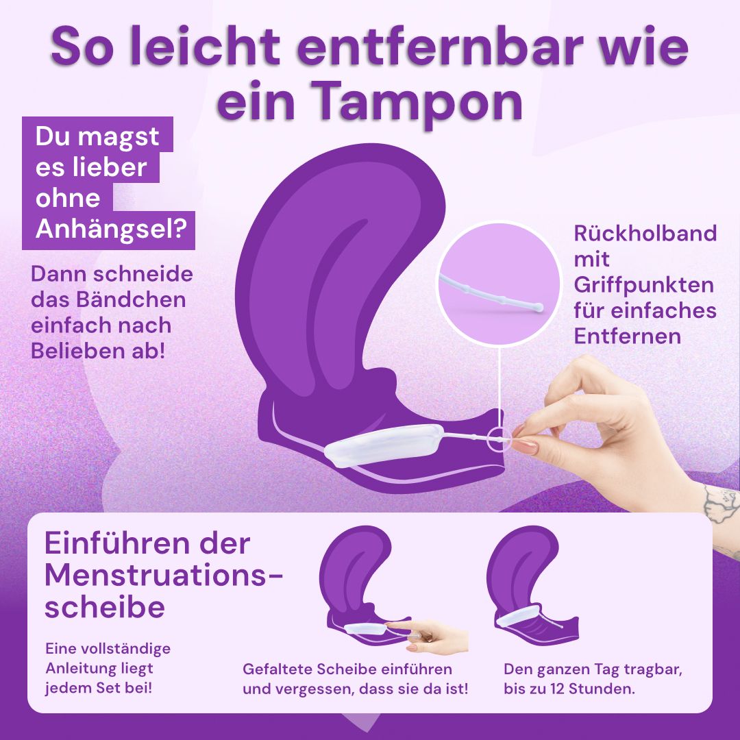 Lila Menstruationsscheiben (S/L) mit Maßen und Fassungsvermögen.
