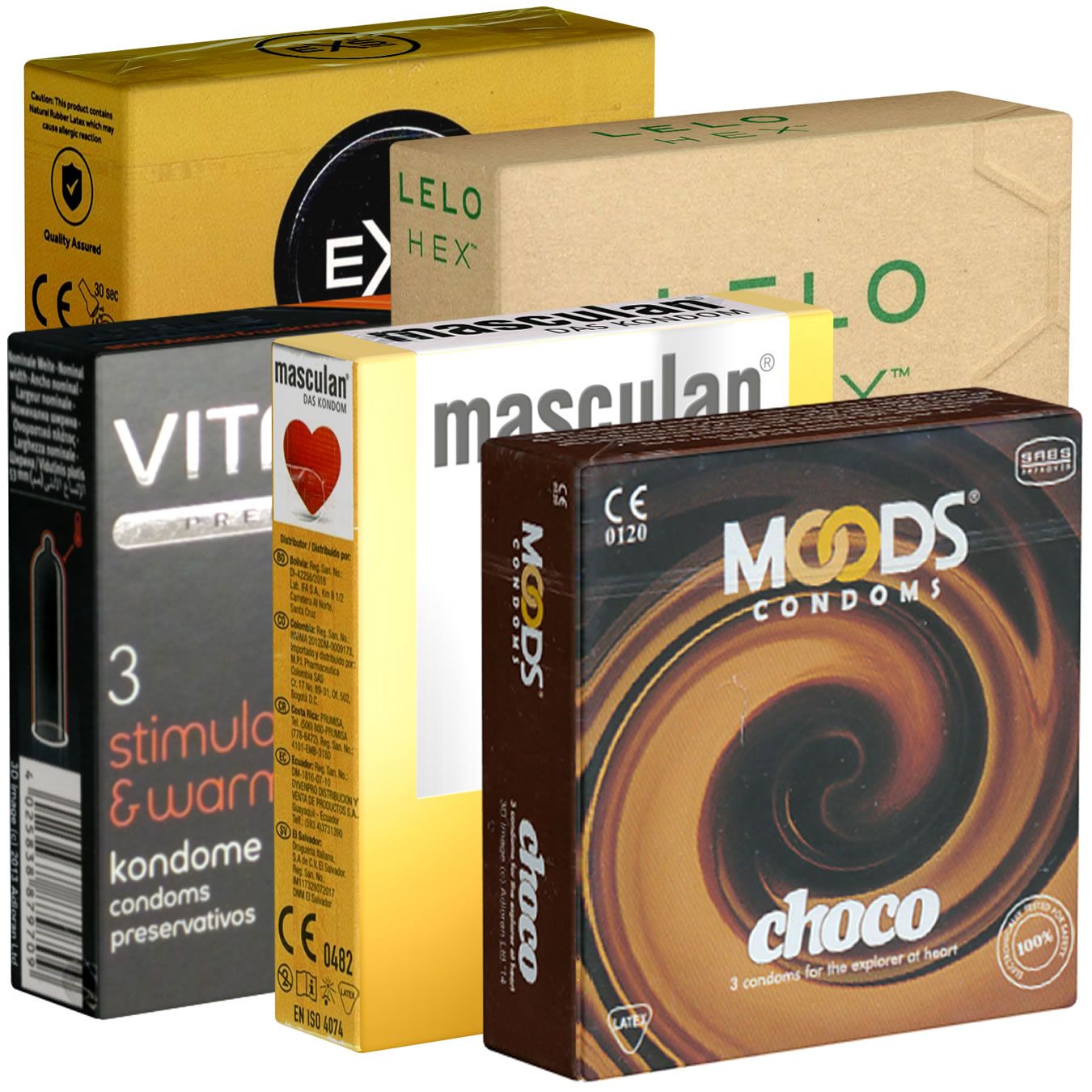 Mehrere Kondompackungen. Marken: LELO HEX, VITI, masculan, MOODS. Verschiedene Farben und Designs. CE-Kennzeichnung.