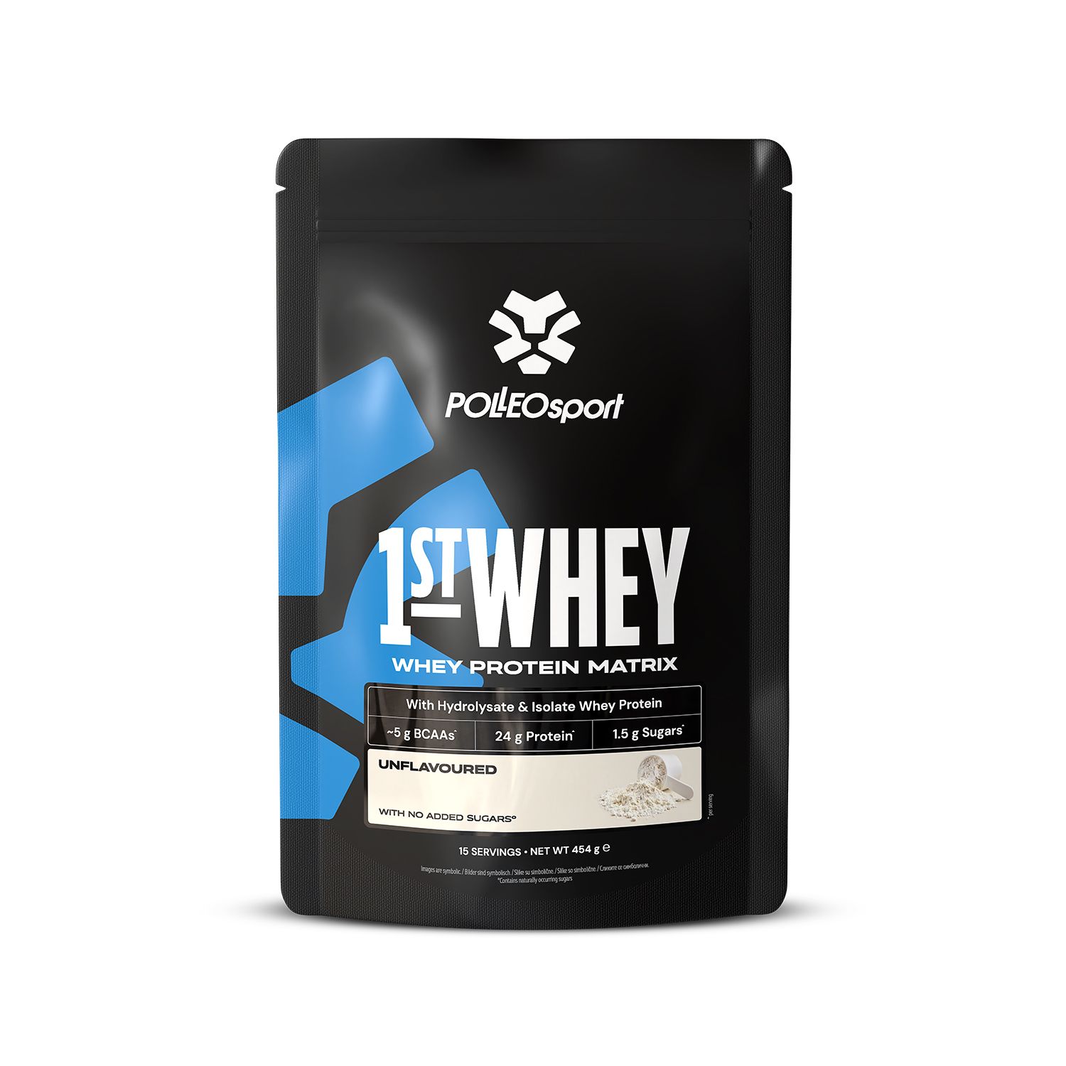 Schwarze Verpackung "1ST:WHEY" mit Molkenprotein. Marke PolleoSport. Unflavoured. 454g.