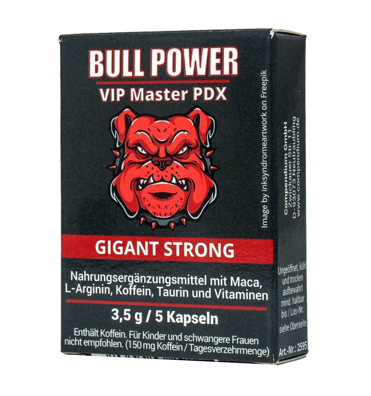 Schwarze Verpackung mit rotem Bulldoggen-Logo. Enthält Kapseln. Text: BULL POWER, GIGANT STRONG, Nahrungsergänzungsmittel, 3,5 g / 5 Kapseln.