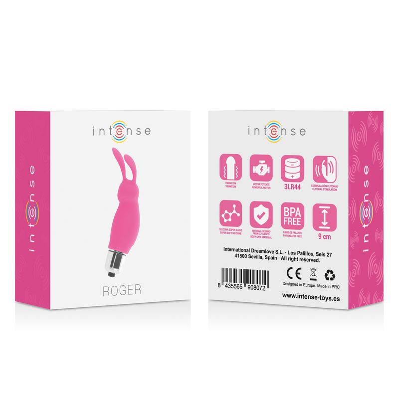 Verpackung von Intense Roger. Rosa Box mit Produktabbildung und Logos. Enthält Informationen und Zertifizierungen.