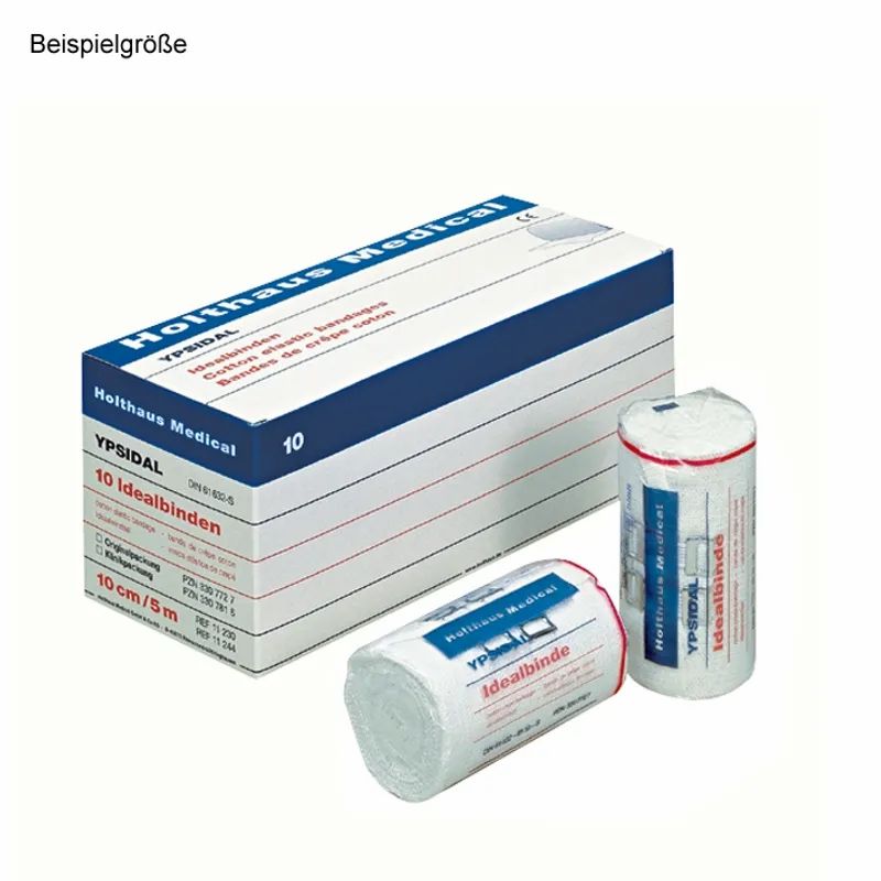 Verpackung mit 10 Idealbinden. Zwei Rollen daneben. Aufschrift: Holthaus Medical, YPSIDAL, 10 cm/5 m.