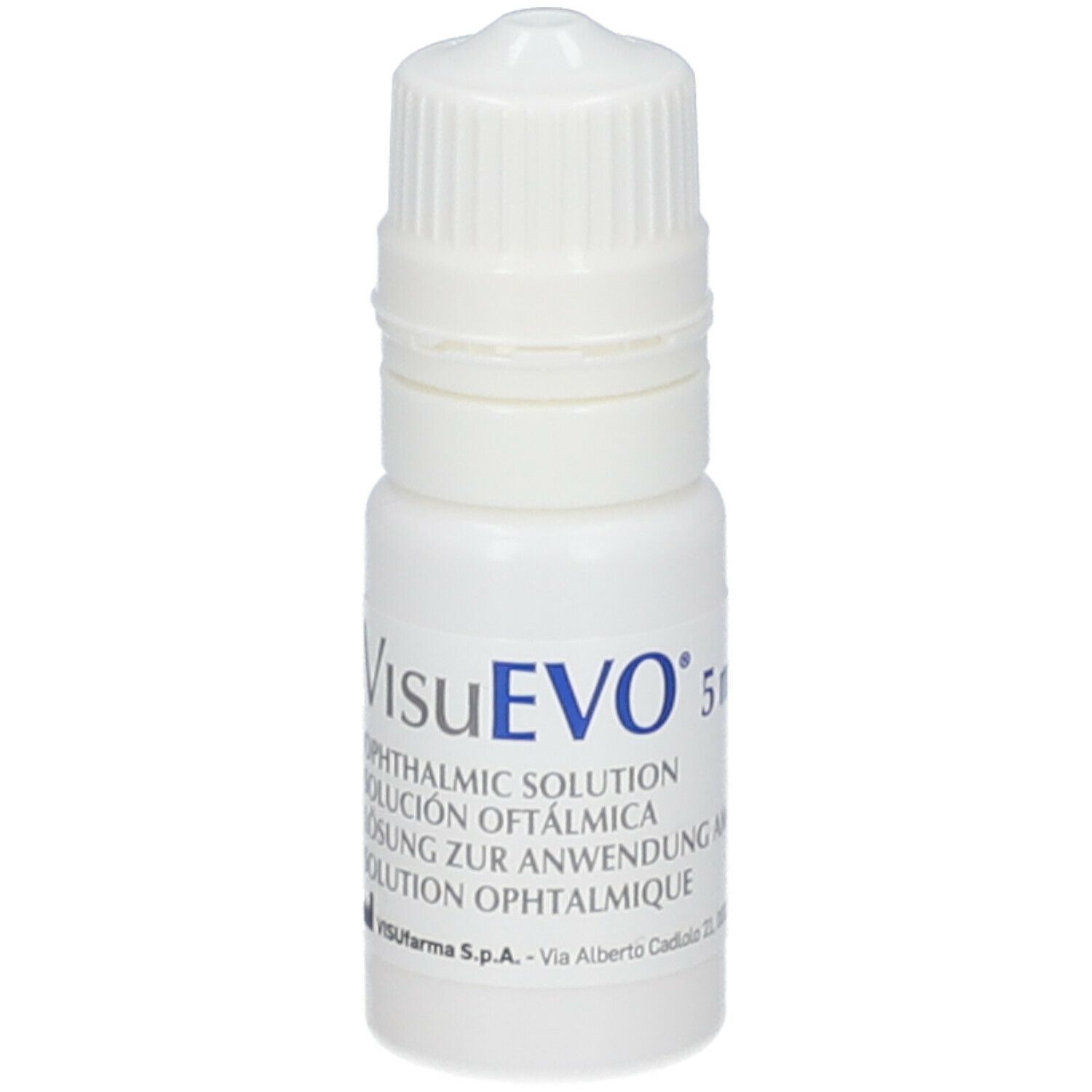 Weiße Flasche mit VisuEVO-Aufschrift. Ophthalmic Solution. Tropfflasche mit weißem Verschluss.