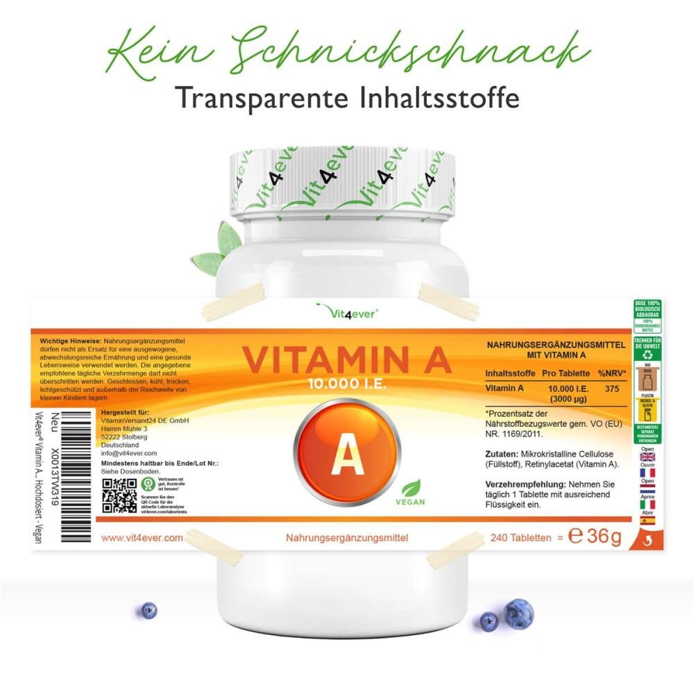 Vitamin A Flasche mit Etikett. Enthält Informationen zu Inhaltsstoffen, Dosierung und Nährwerten. Vegan-Siegel.