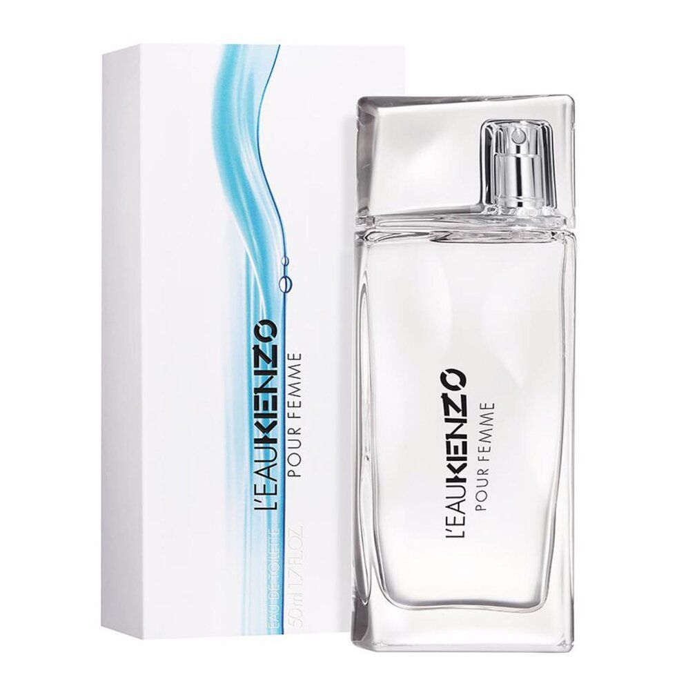 Glasflakon und Verpackung. Flakon mit Sprühkopf. Aufschrift: L'EAU KENZO POUR FEMME.