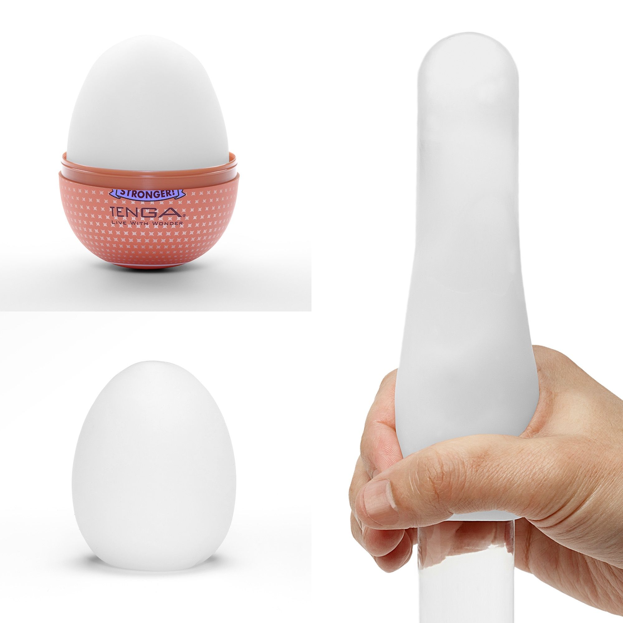Drei Ansichten des TENGA EGG MISTY II. Ein Ei in Verpackung, ein einzelnes Ei und ein längliches Produkt in einer Hand.