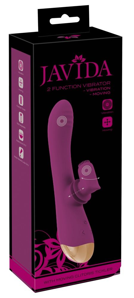 Verpackung von JAVIDA Vibrator. Schwarzer Karton mit Produktabbildung. Text: 2 Funktion Vibrator, Moving Clitoris Tickler.