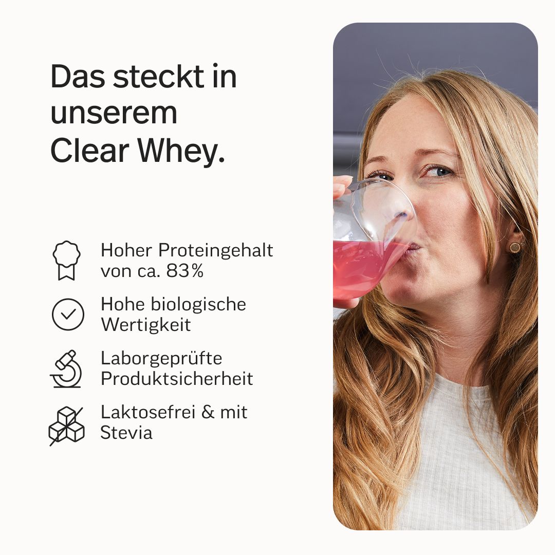 edubily Clear Whey: Hoher Proteingehalt (83%), biologisch wertvoll, laborgeprüft, laktosefrei, mit Stevia.