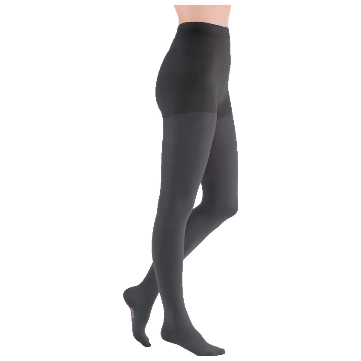 Schwarze Kompressionsstrumpfhose. Seitliche Ansicht einer Person, die sie trägt.