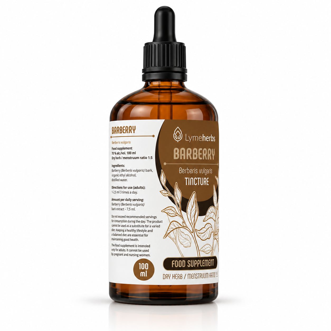 Braune Glasflasche mit Pipettenverschluss, Etikett mit "Lymeherbs BARBERRY TINCTURE" und detaillierter Pflanzenabbildung.