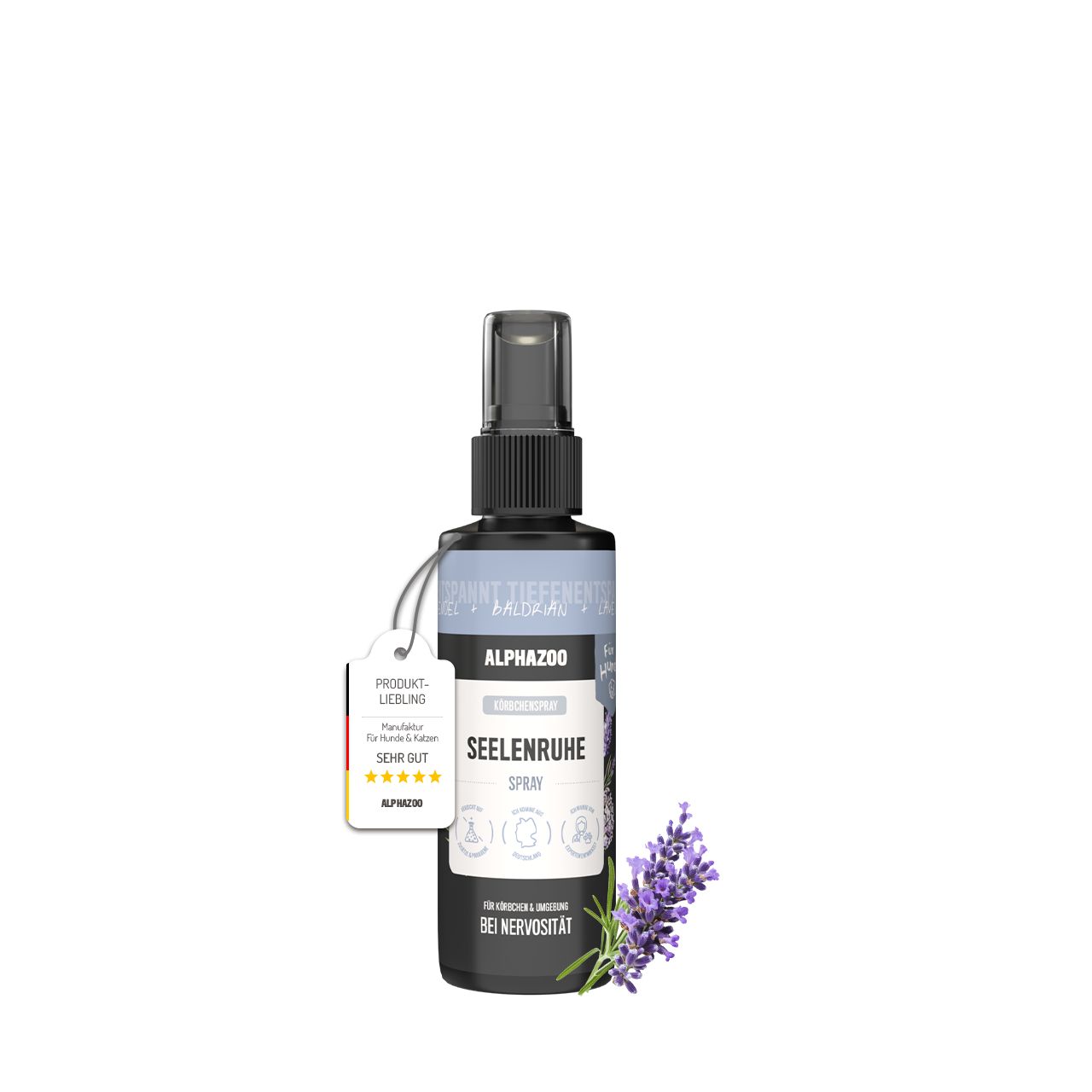 Schwarze Sprühflasche mit Etikett und Anhänger. Text: ALPHAZOO, Seelenruhe Spray. Lavendelblüte.