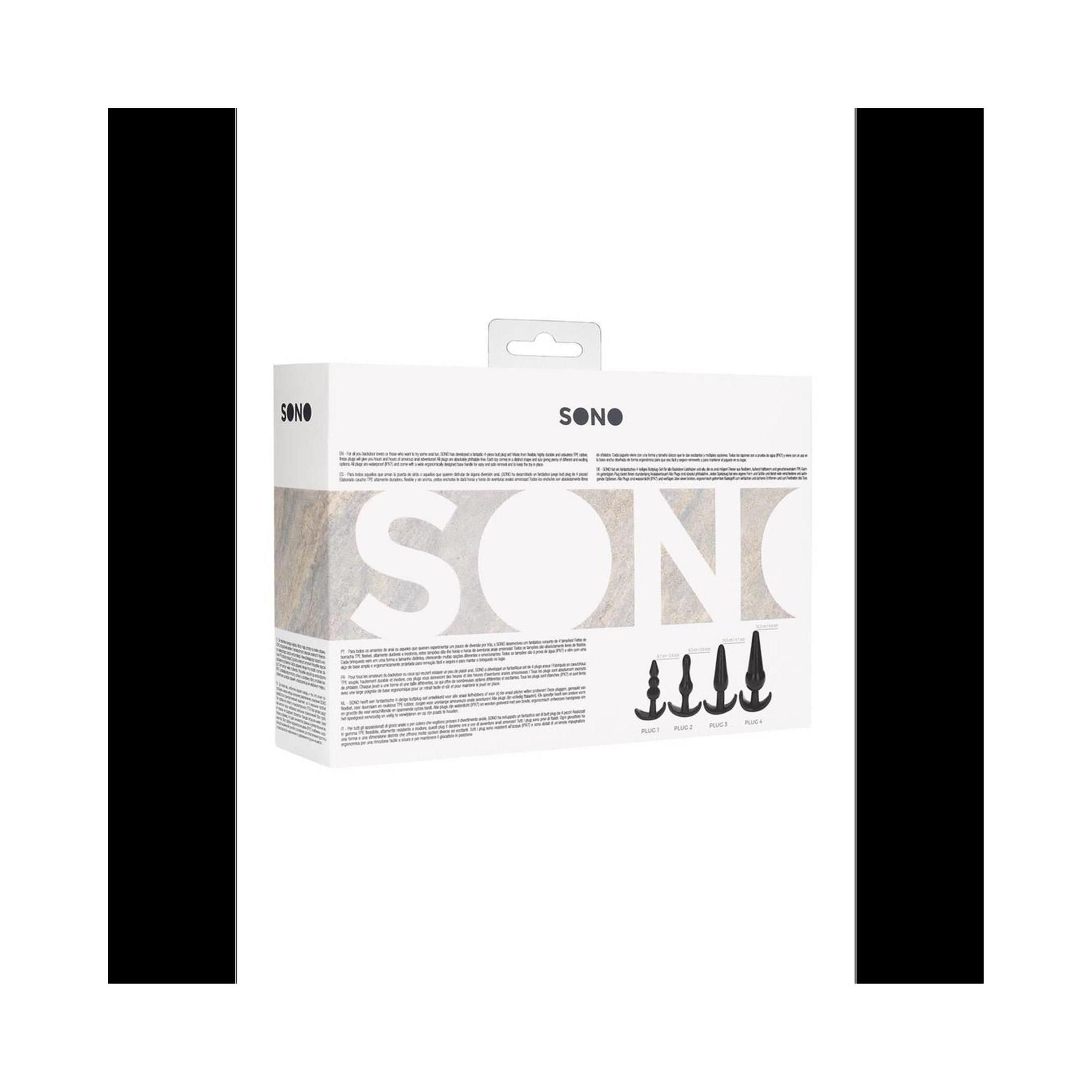 Verpackung mit vier schwarzen Anal-Plug-Modellen. Aufschrift: SONO.