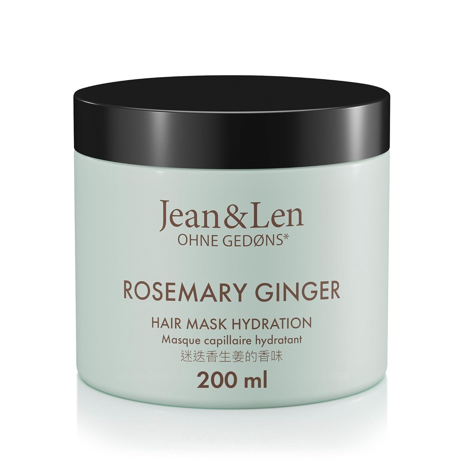 Runder Tiegel Jean & Len Rosemary Ginger Hair Mask. Schwarzer Deckel. Text: 200 ml.