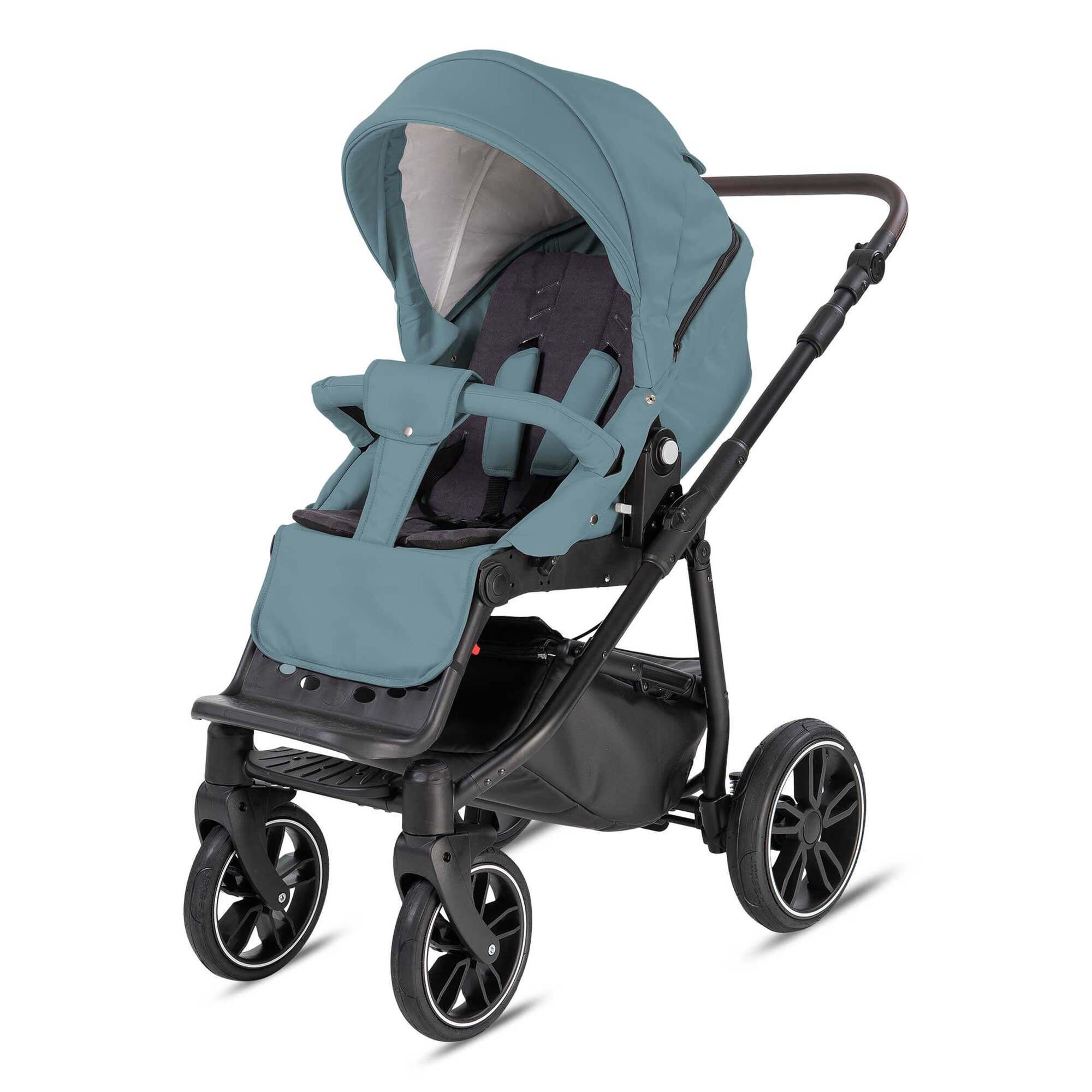 Blau-grauer Kombikinderwagen mit schwarzem Gestell. Gel-Reifen, brauner Schiebegriff. Sportsitz mit Verdeck und Gurten.