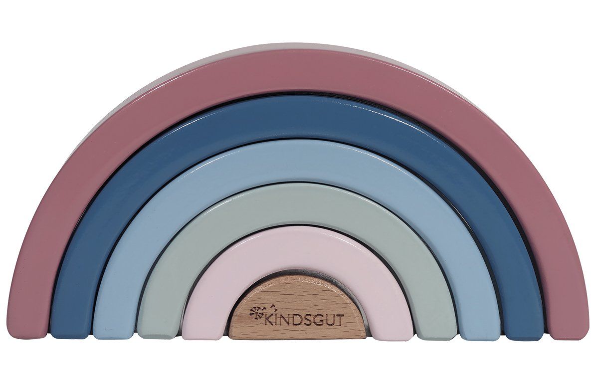 Mehrfarbiger Holz-Regenbogen. Besteht aus sieben Bögen in Pastellfarben. Der unterste Bogen ist aus Naturholz mit Markenschriftzug.