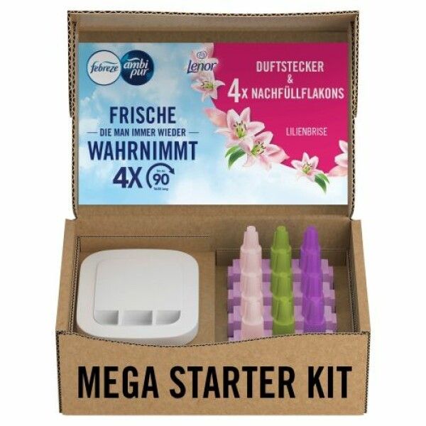 Mega Starter Kit in Karton. Enthält Duftstecker, 4 Nachfüllflakons, Lilienbrise. Logo Febreze, Ambi Pur, Lenor.