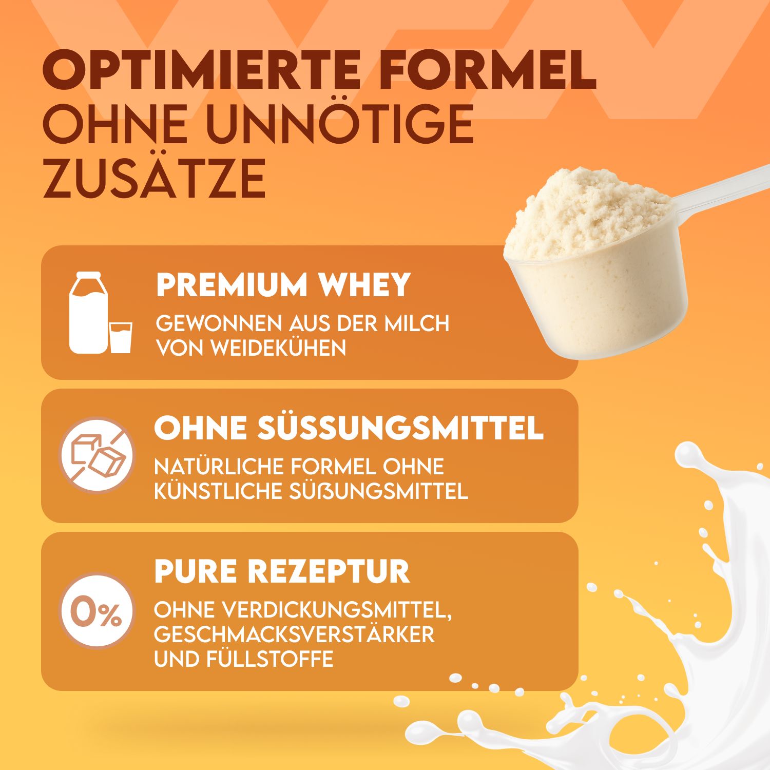 Weiße Dose mit Pulver und Messlöffel. Enthält Premium Whey, gewonnen aus Milch von Weidekühen. Ohne Süßungsmittel und reine Rezeptur.