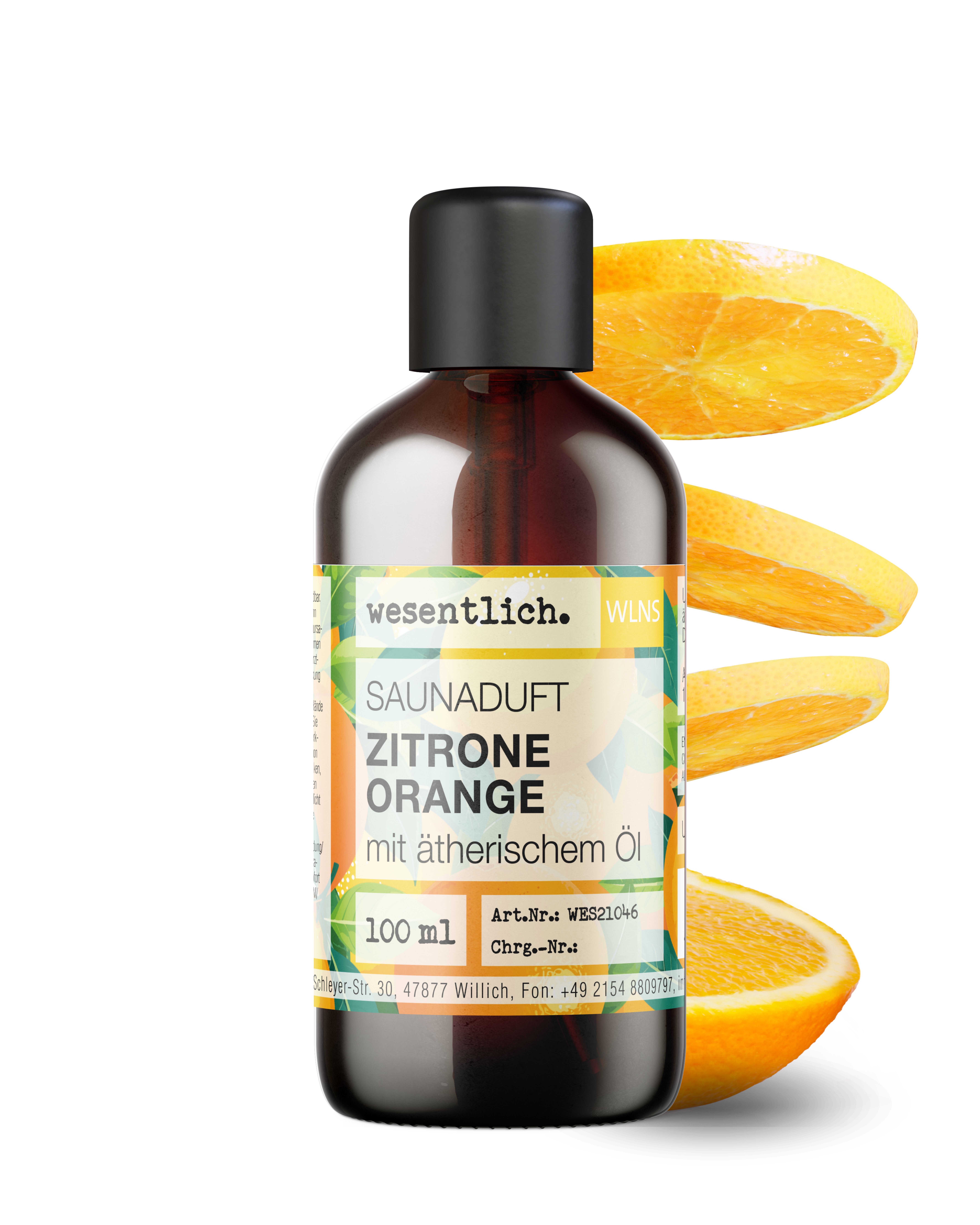 Braunglasflasche mit schwarzem Deckel. Etikett mit "Saunaduft Zitrone Orange". Orangen-Illustrationen.