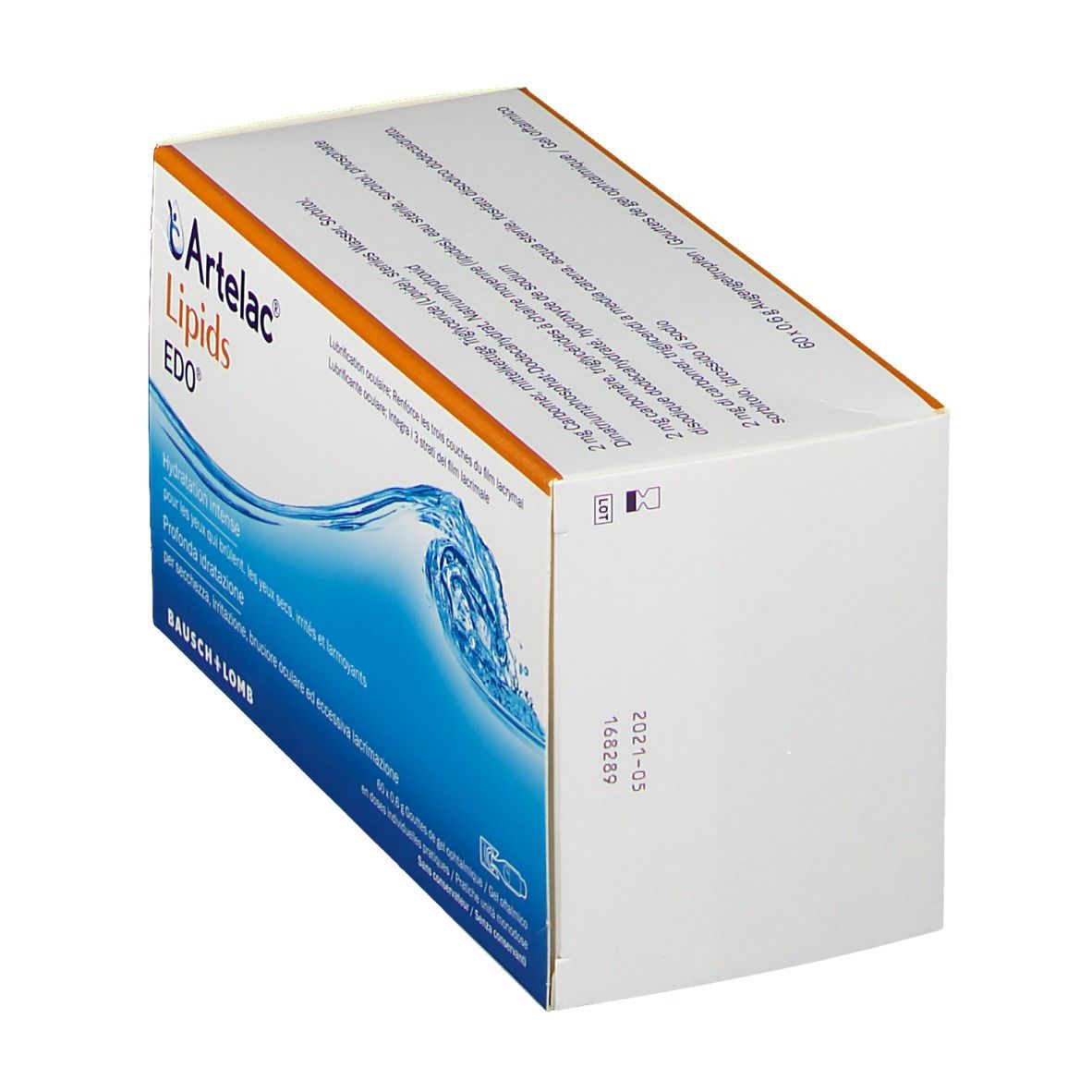 Artelac Lipids EDO® Augengel-Verpackung. Weißer Karton mit blauer Welle und Produktnamen. Orangefarbener Akzent.